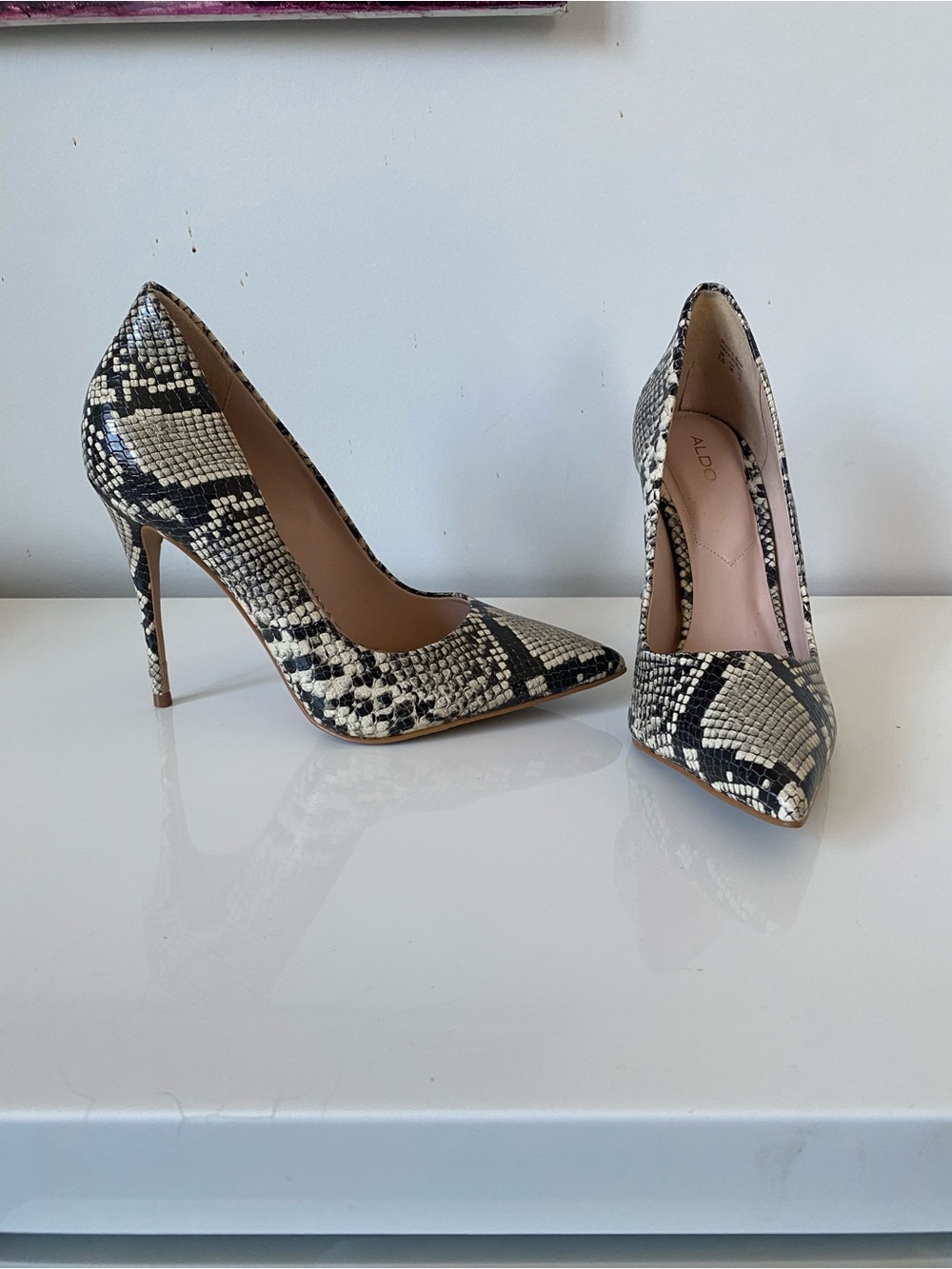 Aldo Snakeskin Pointed Toe Stiletto Pumps in Black and Cream